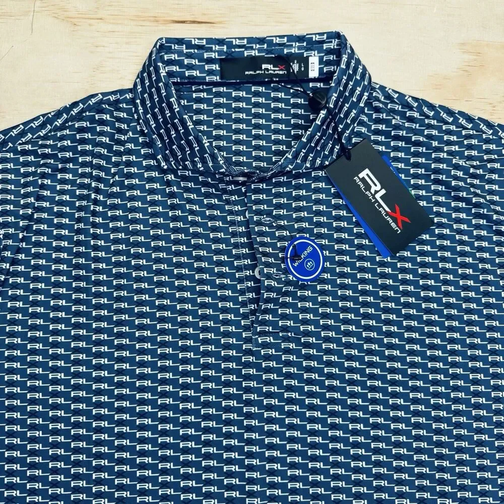 NEW RLX Ralph Lauren Print Lightweight Short Sleeve Blue Golf Polo LG